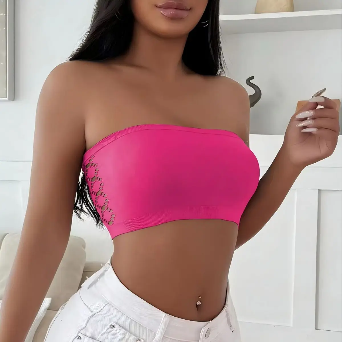 Women Seamless Strapless Bandeau Bra, Hollow Out Lace Non‑Slip Tube Top Bra Invisible Breathable High Stretch Wireless Bralette