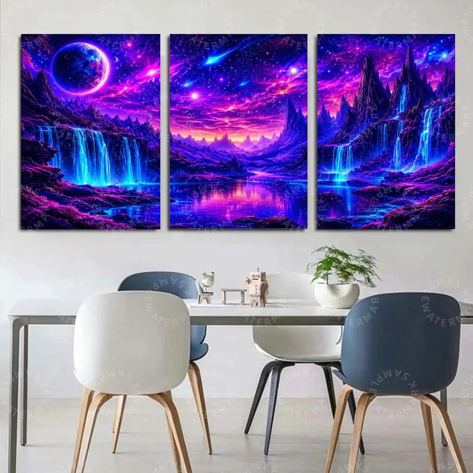 3 Panel Neon Purple Cosmic Waterfall Mountain Planet Galaxy Canvas Wall Art, Psychedelic Glowing Alien Starry Landscape Poster, Dark Aesthetic Decor for Bedroom Living Room, Teen Gaming Room Office Fantasy Modern Wall Art Gift