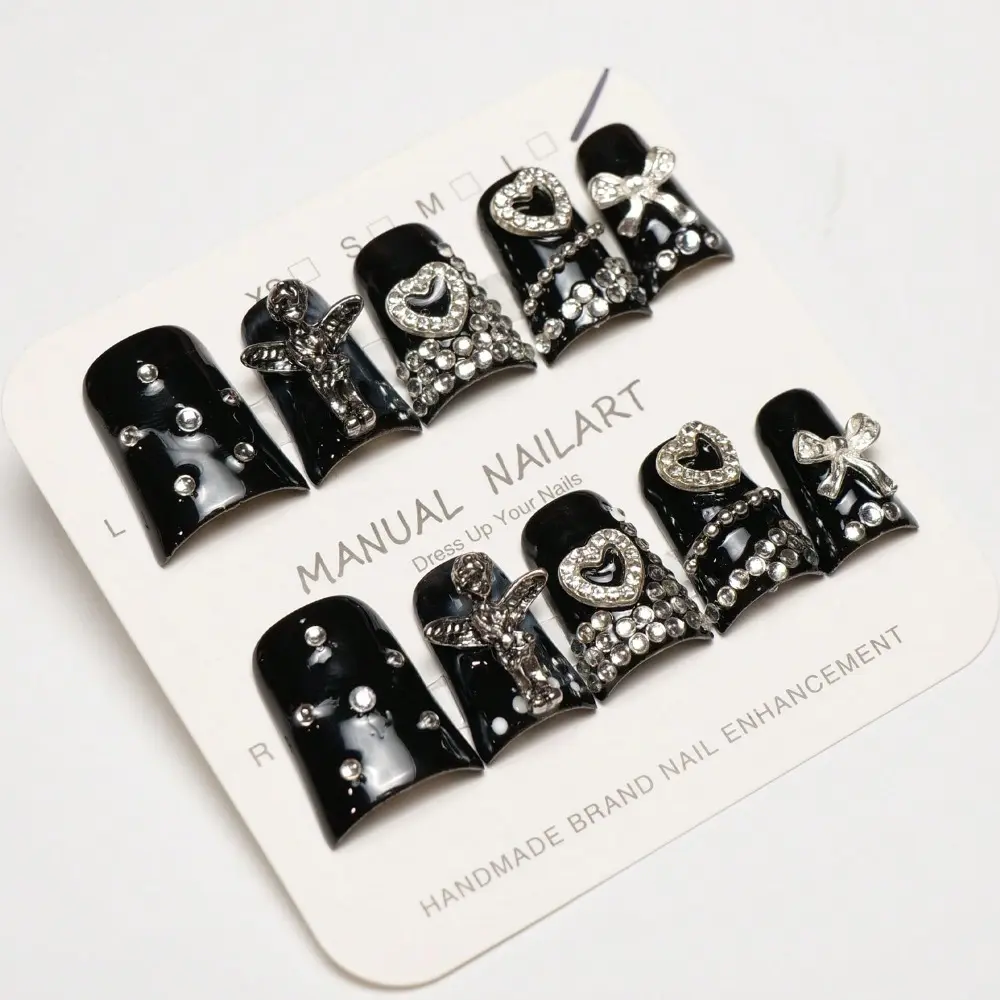 Women's 10Pcs Handmade Duck-Shaped Press-On Nails Set - Y2K Solid Black Statement Fake Acrylic Nails with Kawaii Bow, 3D Angel Charm, Hollow Heart AB Rhinestone, Full Bling Pearl Rhinestone, Prep Tool Kit for Party, Daily Use