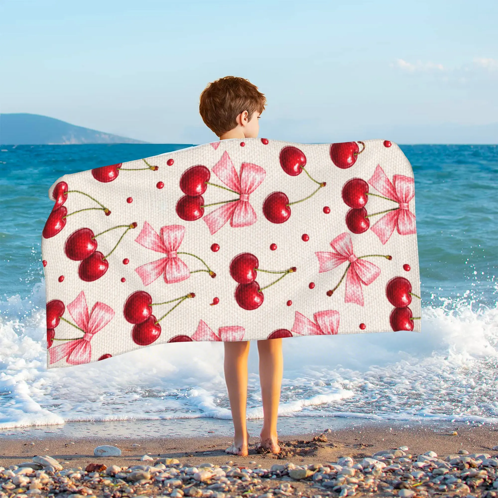 Kids Bath Beach Towel Cherry Bow Print Microfiber Ultra Soft Absorbent Quick Dry Towel for Toddlers Children Multi-Use Fluffy Blanket Swim Pool Travel Towel Vivid Color Non-Fading Skin-Friendly Sand Free Towel