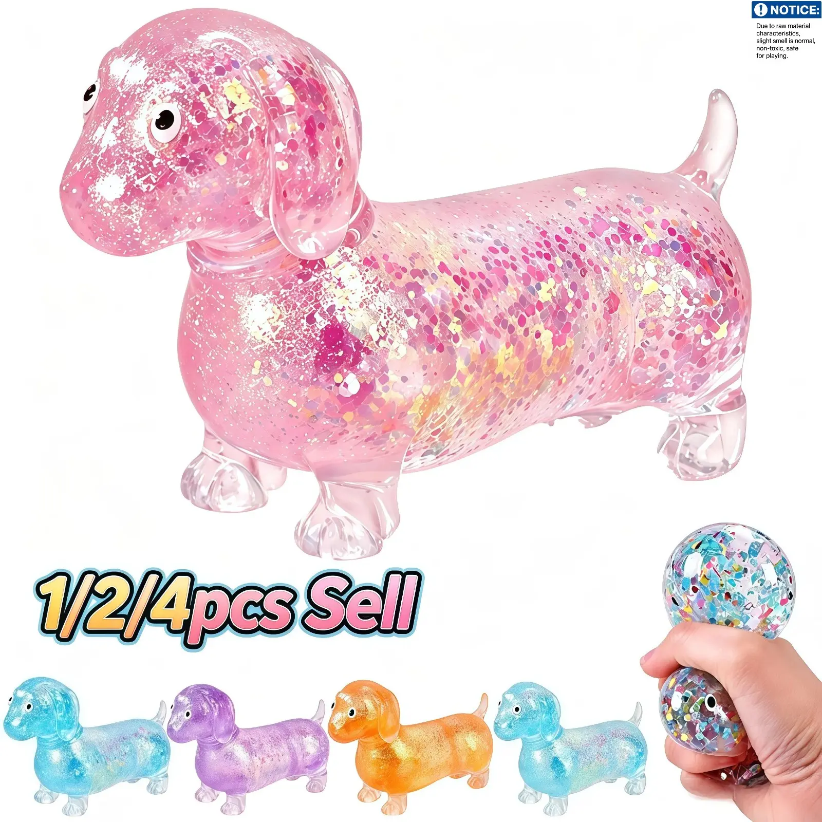 1/2/4Pcs Anxiety Squishy Toy - Dachshund Glitter Weiner Dog Maltose Stress Ball, Slow Rise Fidget for Anxiety Relief, Stress Relieving Item, Soft Squeeze Desk Gadget for Home Office Travel, Slow Rising Squishy