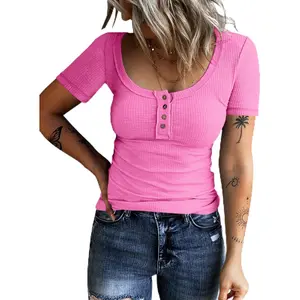 Women’s Short Sleeve Henley T Shirts Button Down Slim Fit Tops Scoop Neck Ribbed Knit Shirts