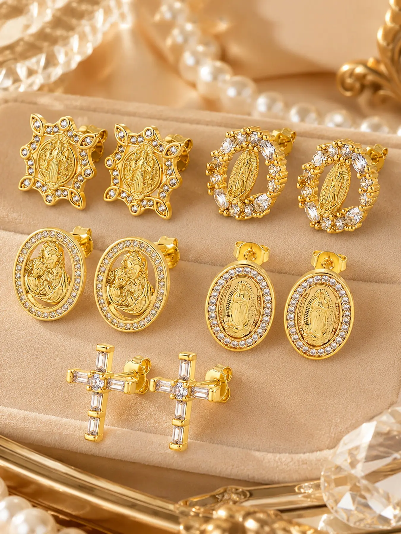 Vintage Classic Virgin Mary Cross Stud Earrings, Multiple Styles, Casual All-Season Jewelry, Plated with Precious Metal