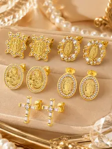 Vintage Classic Virgin Mary Cross Stud Earrings, Multiple Styles, Casual All-Season Jewelry, Plated with Precious Metal