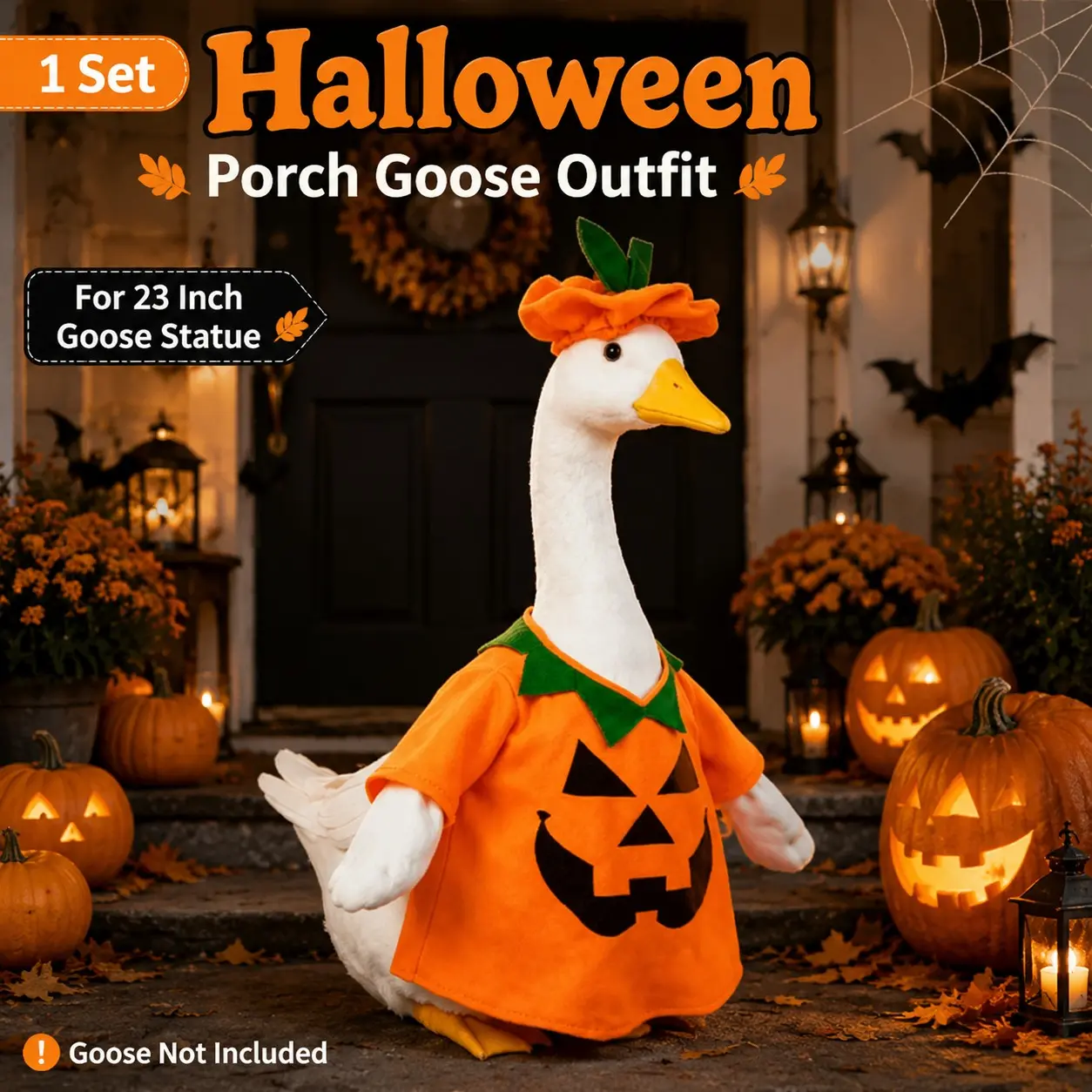 1 Set Halloween Pumpkin Porch Goose Outfit for 23 Inch Goose Statue, Orange Hat Dress and Pumpkin Bag Costume Set Halloween Decorations Outdoor for Yard Lawn Patio Garden Porch Fall Home Decor