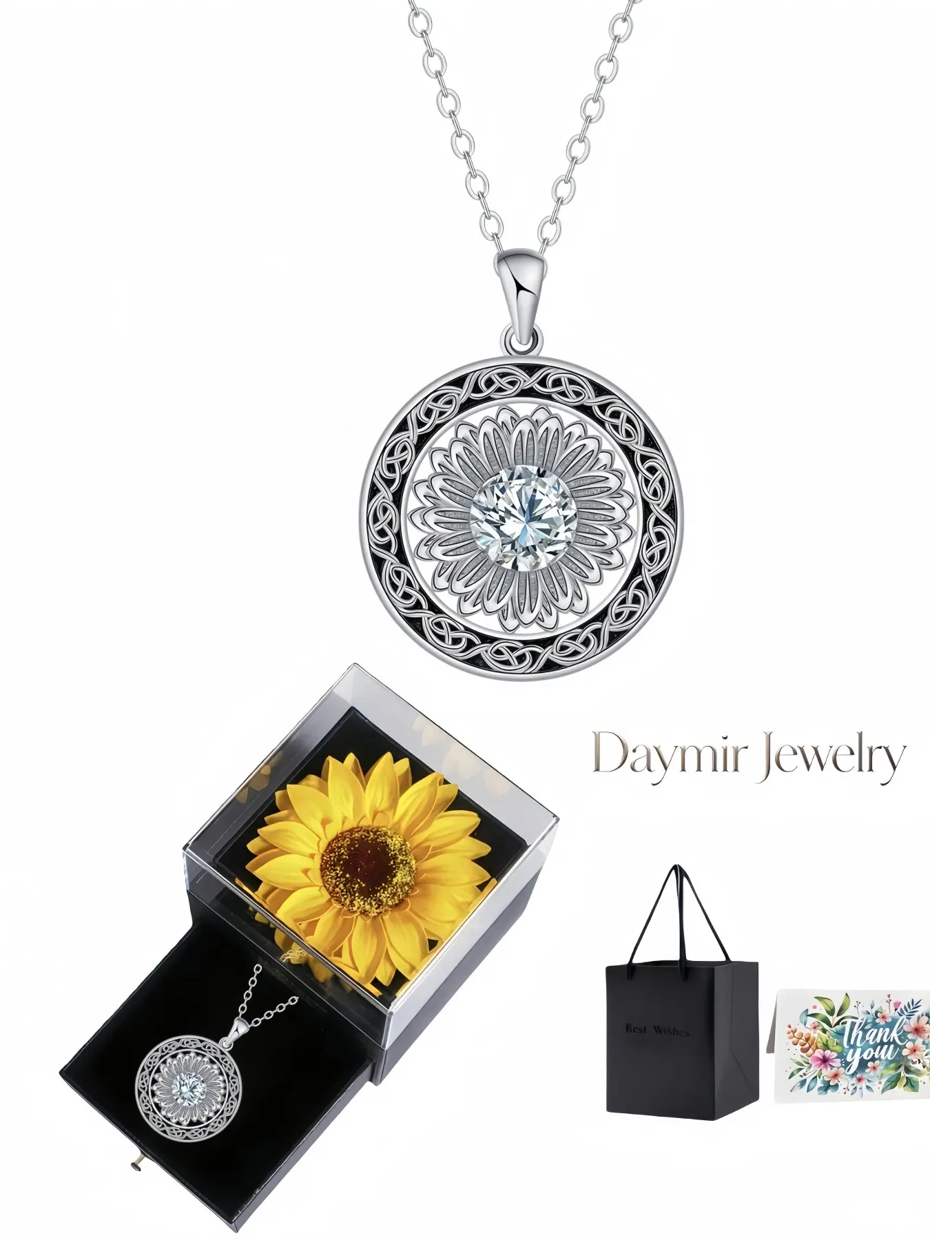 Celtic Diamond Heart Floral Necklace, versatile round sunflower pendant in pastoral style embedded with shiny gems. Packaged in preserved sunflower jewelry box, a lovely gift for birthdays, Mother’s Day, Valentine’s Day and Christmas.