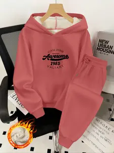 Awesome Letter Pattern Hooded Big Size Set, Casual Two-Piece, Fall & Winter Style, Comfortable Sweatshirt and Pants