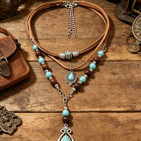 Women's Vintage Western-Style Multi-Layer Necklace with Faux Turquoise Teardrop Pendants and Faux Leather Cord, Bohemian Fashion Jewelry for Vacations and Casual Outfits, Stacking Necklace