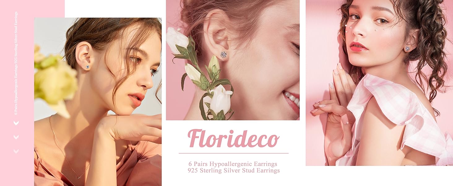 Florideco 6 Pairs Hypoallergenic Earrings S925 Sterling Silver Stud Earrings for Women Heart CZ Pearl Butterfly Stud Earrings Set S925 Sterling Silver Screwback Earrings for Women