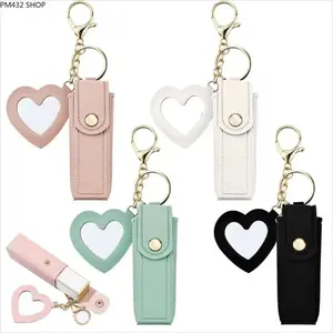4 Pcs PU Leather Lip Balm Holder Keychain, Portable Lipstick Storage Case with Mirror, Travel Makeup Organizer, Trendy Unisex Accessory for Daily Use