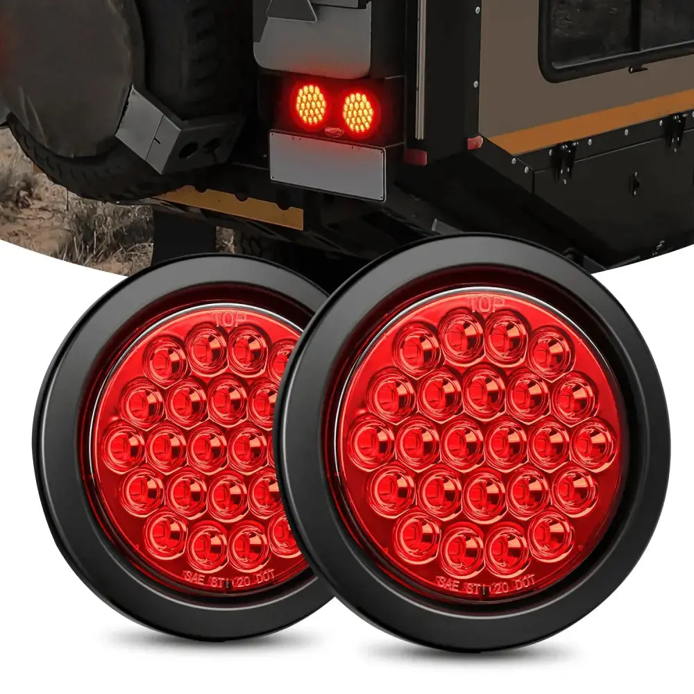 Nilight 4-Inch Red Round Shape Tail Light, 24-LED Flush Mount Grommet Kit, 2-Piece Set for Automotive & Motorcycle Use