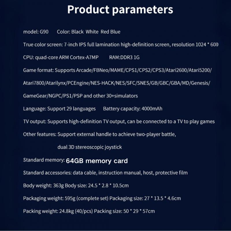 New G90 Handheld Game Console with 7 Inch IPS Screen, 4000mah Battery, Retro Gaming Device and Directional Buttons, Rechargeable Game Console