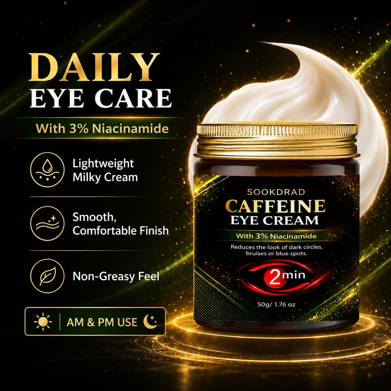 Caffeine Eye Cream, With 3% Niacinamide, Reduces dark circles, reduces bruises, reduces blue spots, For eye area, 1.76 oz, 2min, 50g