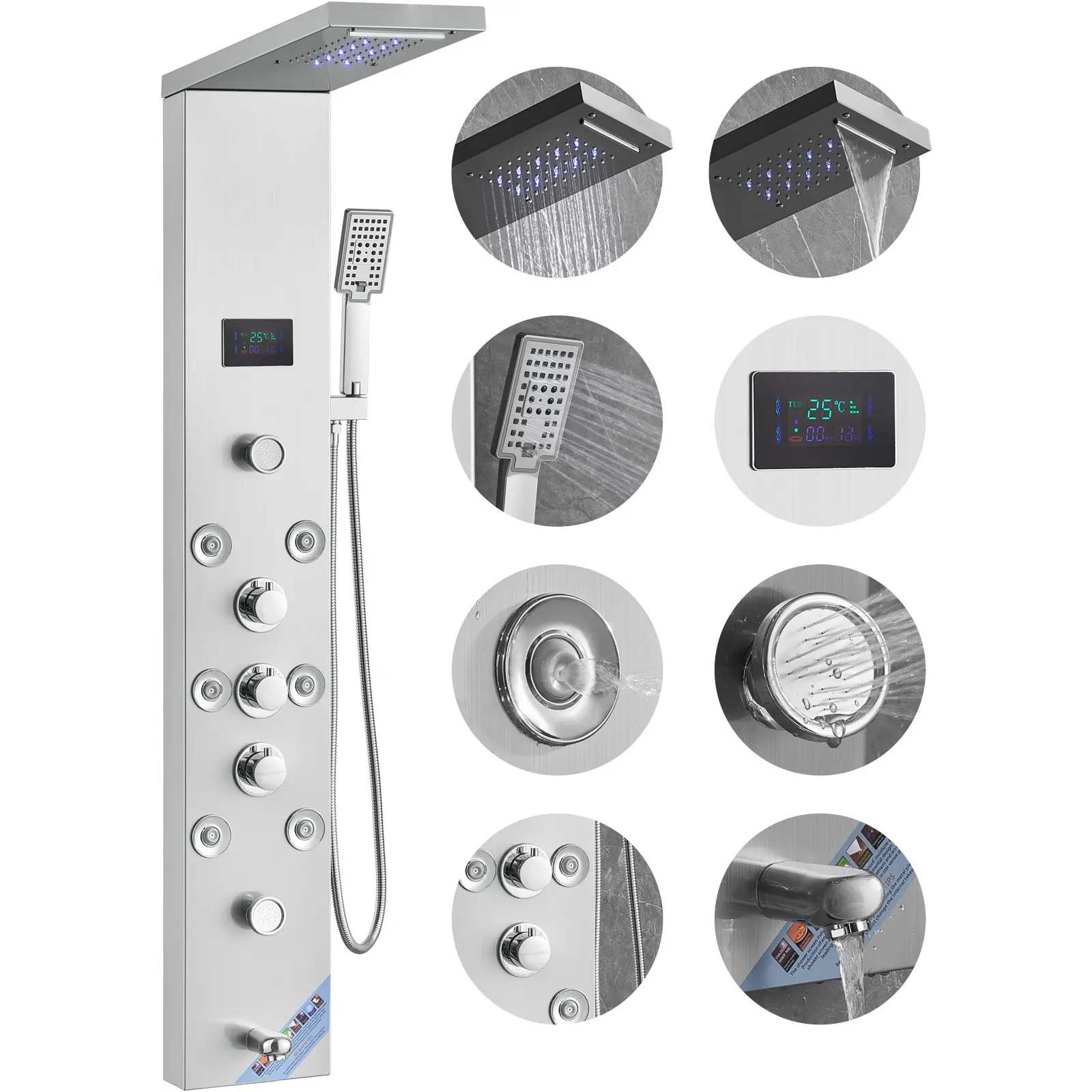VEVOR Shower Panel System, 6 Shower Modes, LED Screen Hydroelectricity Shower Panel Tower, Rainfall, Waterfall, 8 Massage Jets, Tub Spout, Handheld Shower, Stainless Steel Wall-Mounted Shower Set