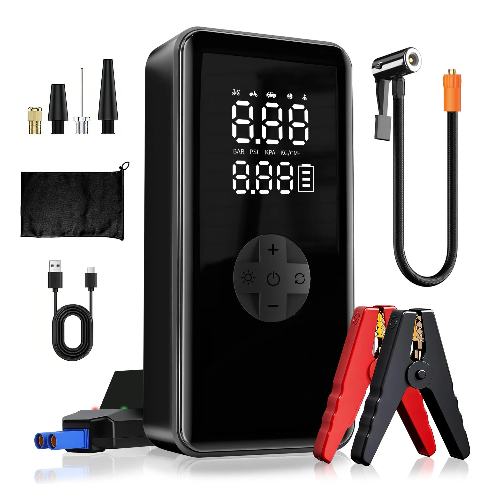 Ultra-Safe Jump Starter – Starts all 12V battery vehicles. Features 150 PSI air compressor, tire pressure check, and LED light. Includes jumper cables, air hose, storage bag, and charging cable