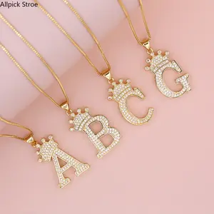 Personalized Crown Initial Necklace for Women Men, White Cubic Zirconia A-Z Letter Pendant, Sparkly Adjustable Charm Jewelry Birthday Gift