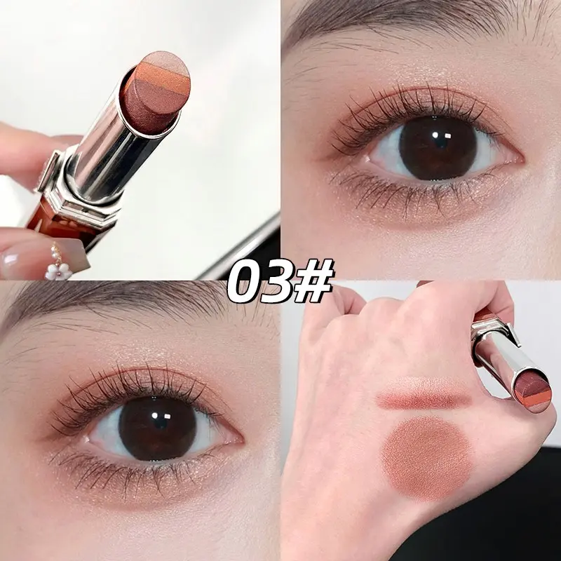 Three-Color Eyeshadow Pencil, Waterproof, Sweatproof, Long-Lasting, Shimmering, Fine Finish, Lazy Eye Makeup, Single Item