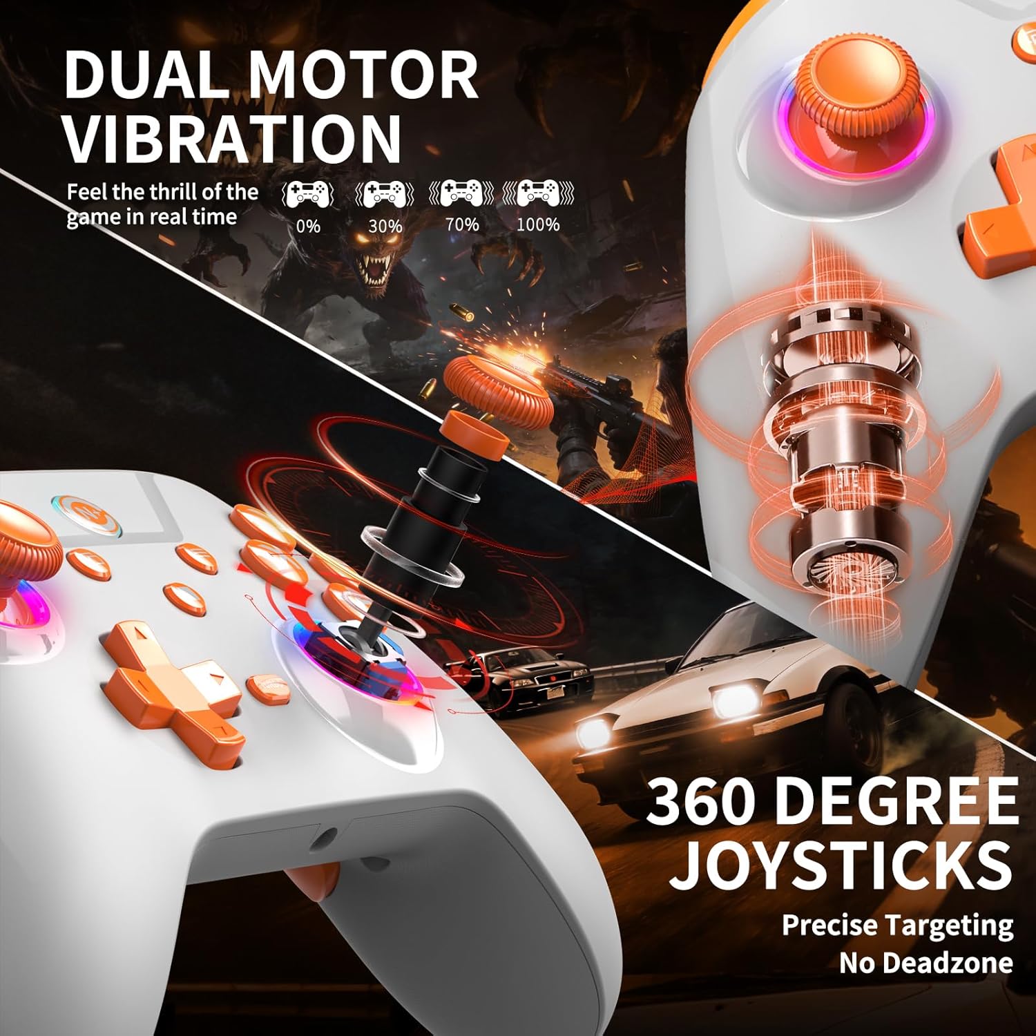 Gaming Controller, PC Controller for PC//P3/iOS/Android with 4 Programing Buttons, Hall Effect Trigger, RGB Lighting,1000mAh , Turbo, Dual Vibration, Screenshot, White