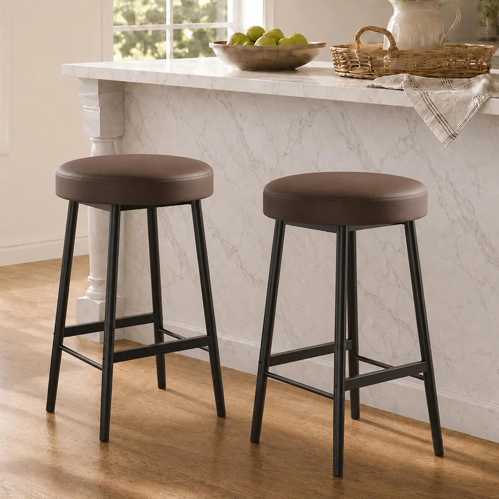 26" Counter Height Backless Bar Stools Set of 2 – Sturdy Metal Legs & Footrest, Modern Rustic Upholstered Seating for Kitchen Island & Dining Room