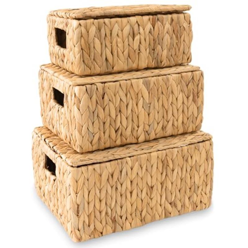 Wicker Storage Baskets with Lid Set 3 Basket With Lid Decorative Storage Rectangle Wicker Storage Basket Large Rattan Storage Box Hyacinth Baskets