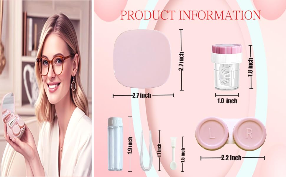 Contact Lens Case Kit with Cleaner Washer, Contact Lenses Applicator Removal Tool Kit with Mirror Solution Bottle for Daily and Outdoor Use(Pink)