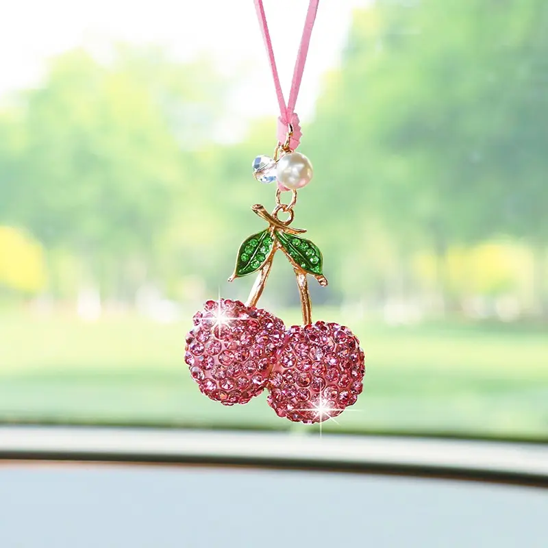 Adorable Lemon Car Mirror Charm, Cherry Car Interior Decor, Rhinestone Fruit Series, Cute Car Accessories, Vehicle Dashboard Ornament, Sparkling Car Accessories, Car Ornaments