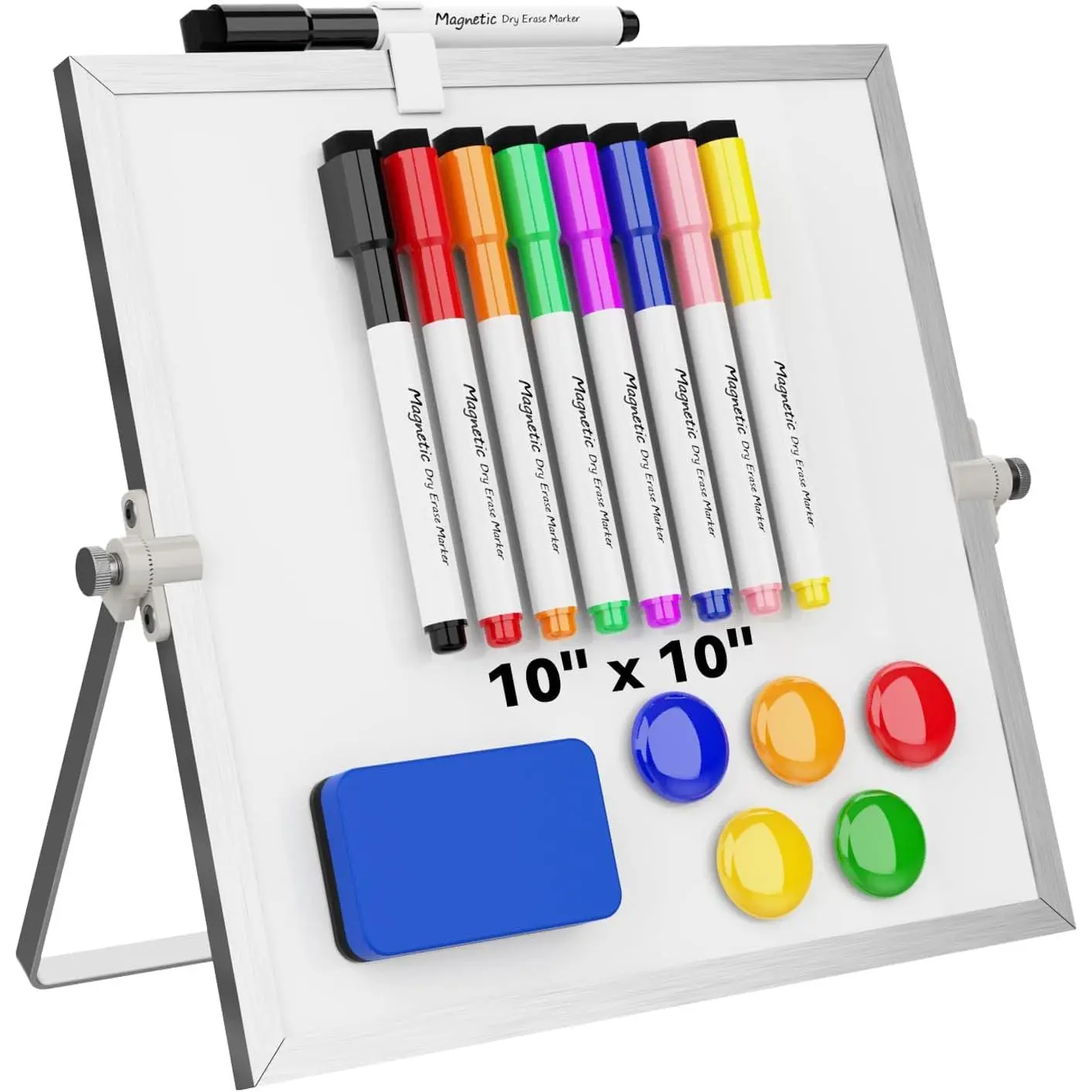 Dry Erase White Board,   Desktop Whiteboard 10 x 10inch with Stand, 8 Markers, 4  and 1 Eraser, Portable Double-Sided White Board for  Drawing, Office, , School