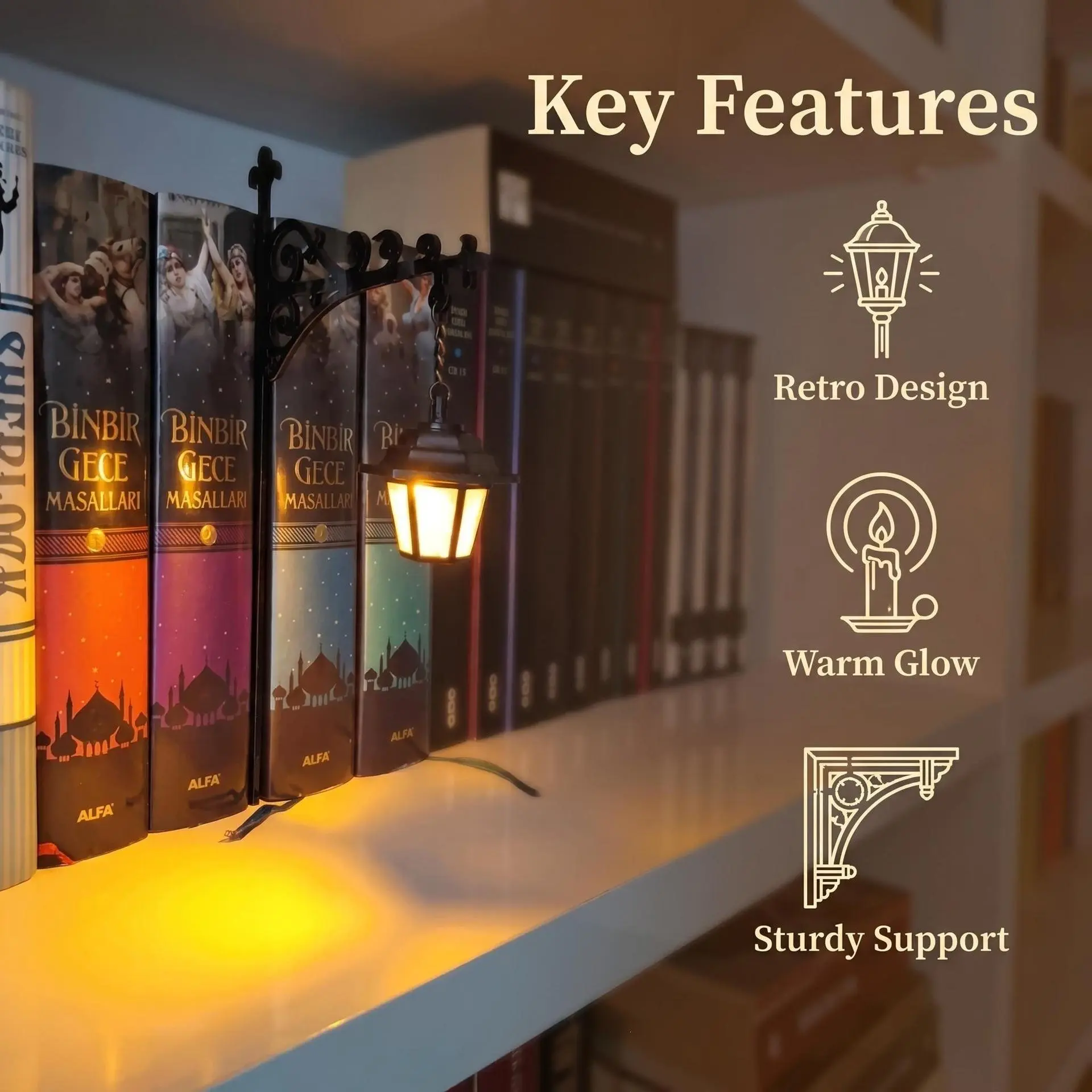 Aesthetic Vintage Street Lamp Bookend Night Light Sturdy Metal Bookshelf Organizer Warm Glow Cozy Ambient Reading Nook Decor Home Office Gift