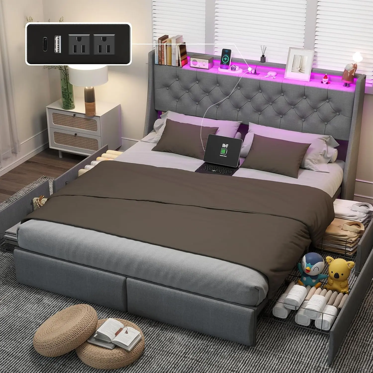 Queen Bed Frame with 4 Stoarge Drawers and LED Lights, Upholstered Platform Queen Size Bed Frame with Charging Station, Steel Slats Support, No Box Spring Needed, Noise-Free, Easy Assembly, Gray 88"L x 60"W x 42"H