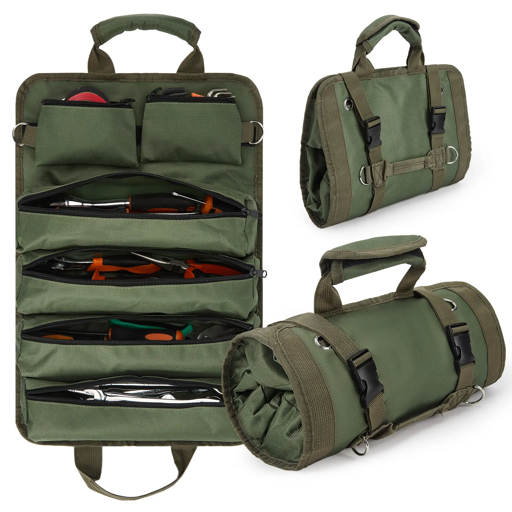 Garvee 🧰 Heavy-Duty Roll-Up Tool Bag – 6 Pockets, Waterproof Oxford Fabric, 3-Way Carry for Mechanics, Electricians & DIYers! 🟢