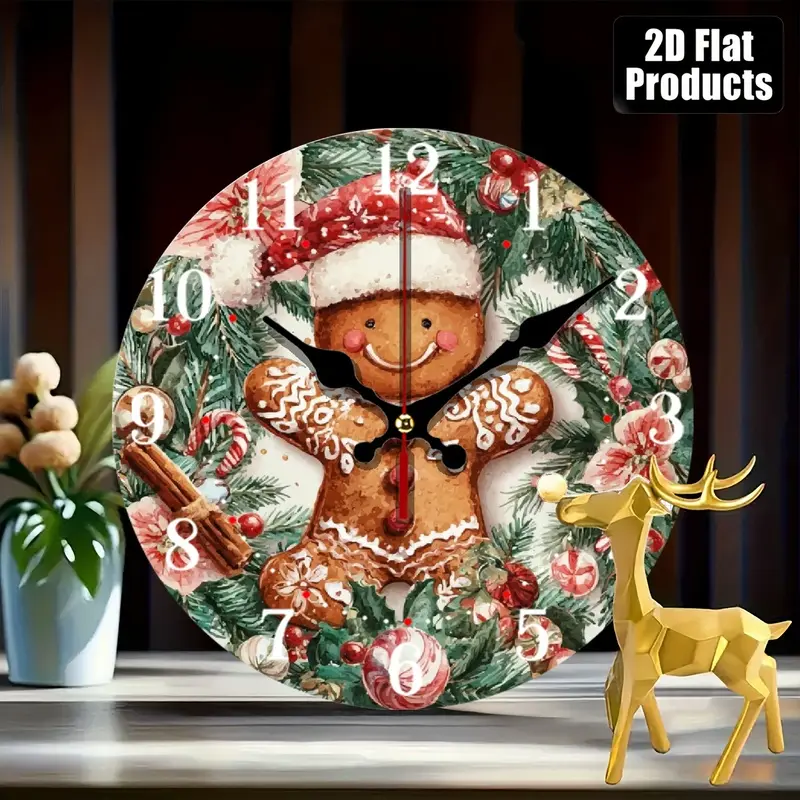 Vintage Gingerbread Man and Candy Cane Acrylic Wall Clock - 10inch Rustic Silent Non-Ticking Battery-Operated Round Clock, Decorated with Gingerbread Cookie Pattern, Suitable for Christmas, Home Decor, Kitchen, Living Room, Office - Creates a Festive Atmo