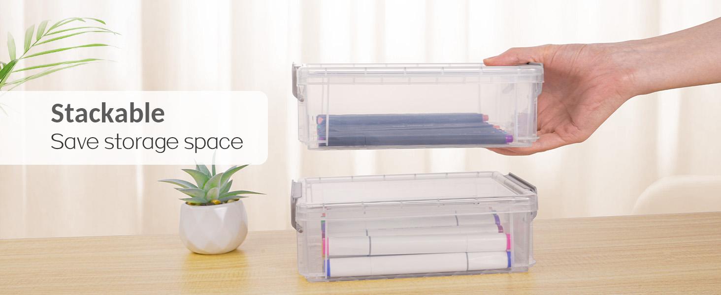 6 Pack Extra Large Plastic Pencil Box, Crayon Box, Marker Organizer with Lid-Stackable Storage Containers for Craft, Pen, Art Supplies, Grey