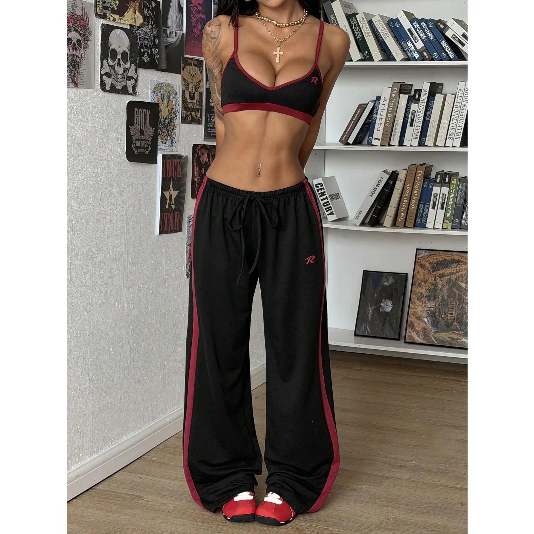2pcs/Set Streetwear Women Contrast Color Patchwork Print Camisole And Sports Sweatpants, Spring/Summer
