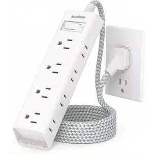 White Braided Power Strip Surge Protector with 12 Outlets, Flat Plug 5FT Extension Cord, 3-Side Wide Spaced Outlet Extender, Wall Mount Desk Charging Station for Home Office Dorm