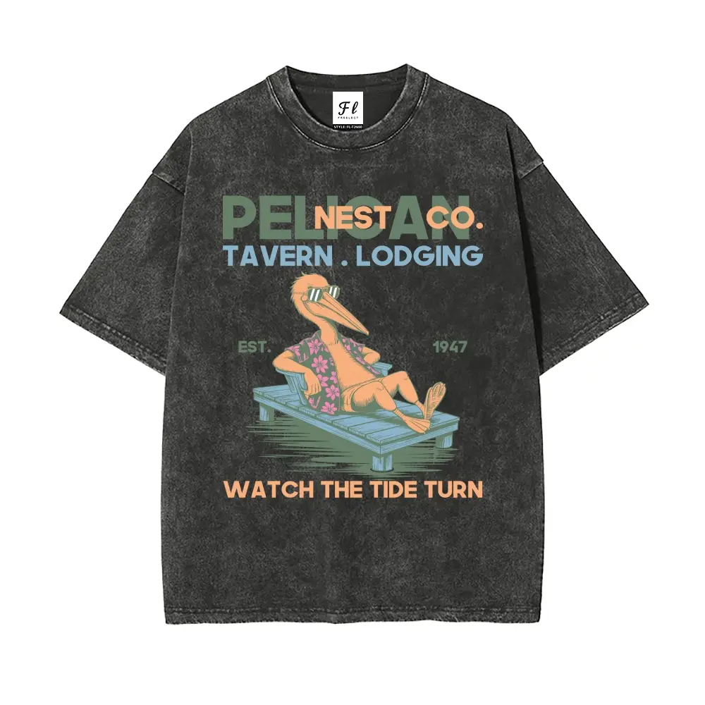 Unisex Vintage Pelican Graphic Washed T-Shirt, 100% Cotton Y2K Oversized Short Sleeve Tee, Retro Coastal Streetwear Top with Round Neck Design for Men and Women, Casual Summer Daily Wear, Travel and Outdoor Fashion