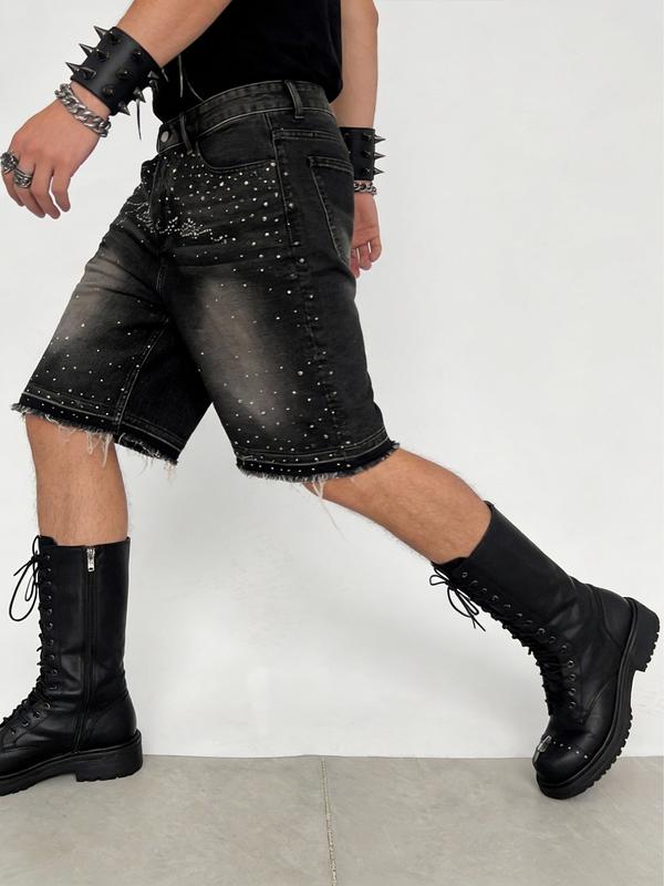 Men's shiny rhinestone-embellished denim shorts, black-gray washed denim five-point shorts, decorated with full silver rhinestones, straight-leg frayed design balances personality and versatility, Y2K street fashion shorts