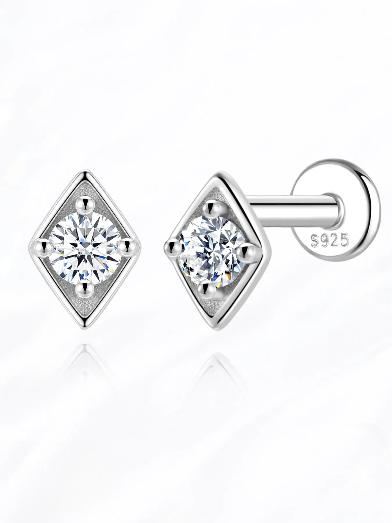 VORA 18K Gold Plated S925 Sterling Silver D Color VVS Synthetic Diamond Moissanite Flatback Stud Earring | Sparkly Geometric Rhombus Cartilage Helix Piercing | 100% Waterproof Perfect Holiday Gift