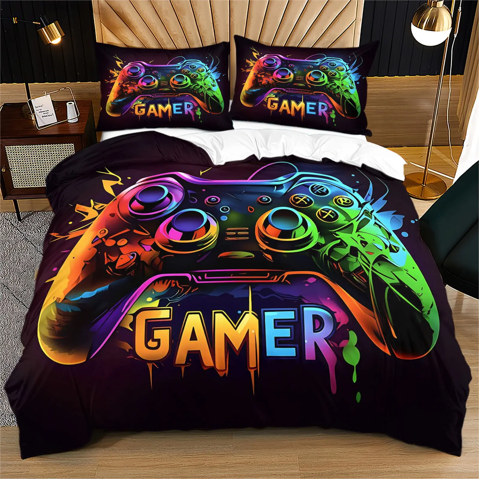 Vibrant Rainbow Splash Gamepad Duvet Cover Set, Full Print Dark Base Street Esports Design, 1 Duvet Cover & 1/2 Pillowcases, No Fillers