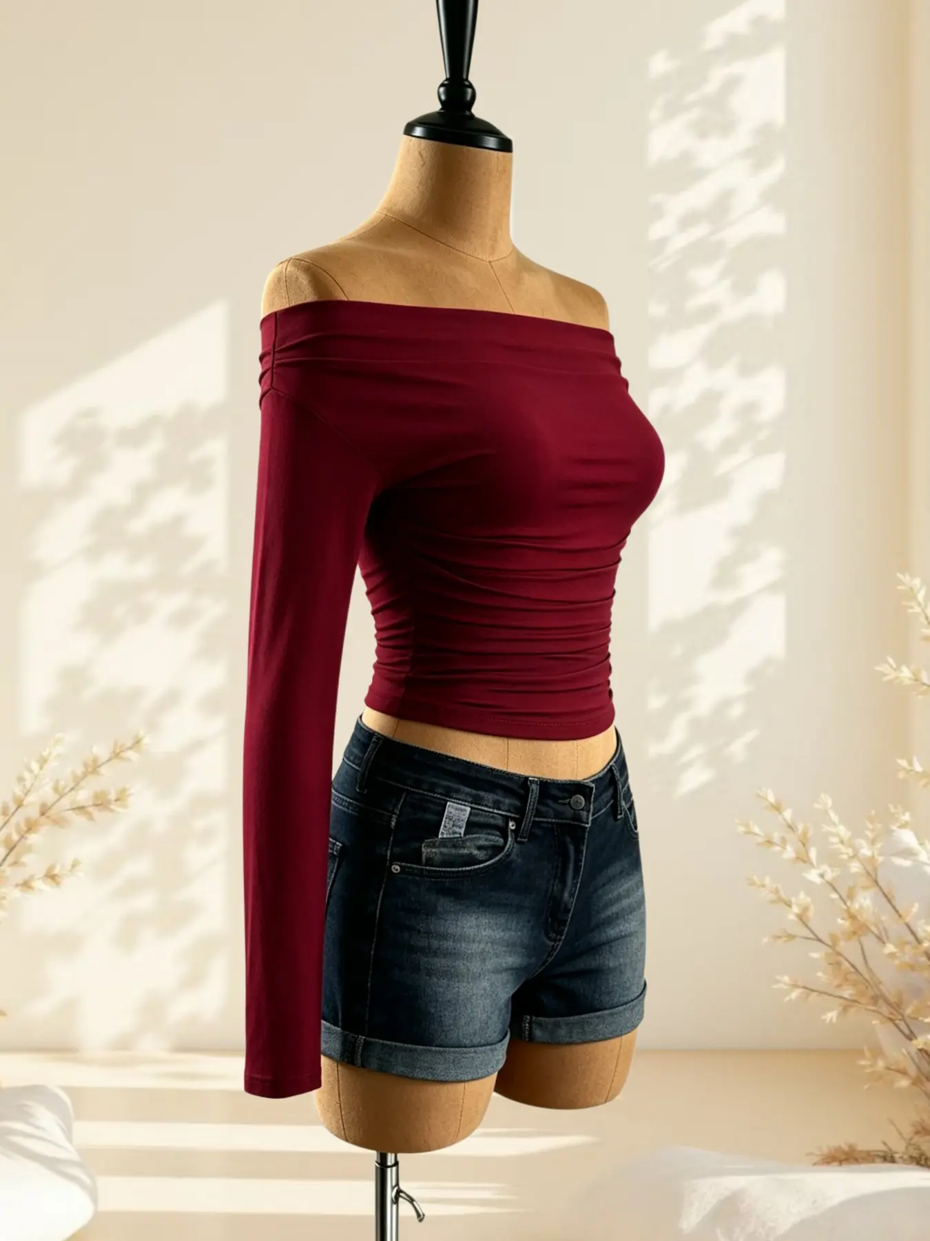Light Mature Atmosphere One-Shoulder Fitted Long Sleeve Women Top, Waist Ruched Slimming Crop T-Shirt, Choose 1/3 Pieces, Casual Style