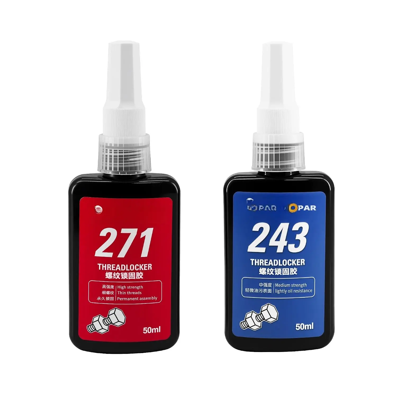 Thread Locker Bule & Red 2 Pack Medium 243 & High 271 Locktight Kit, for  Nuts Fasteners Below M32 for Automotive Industrial  Use, 50ml + 50ml