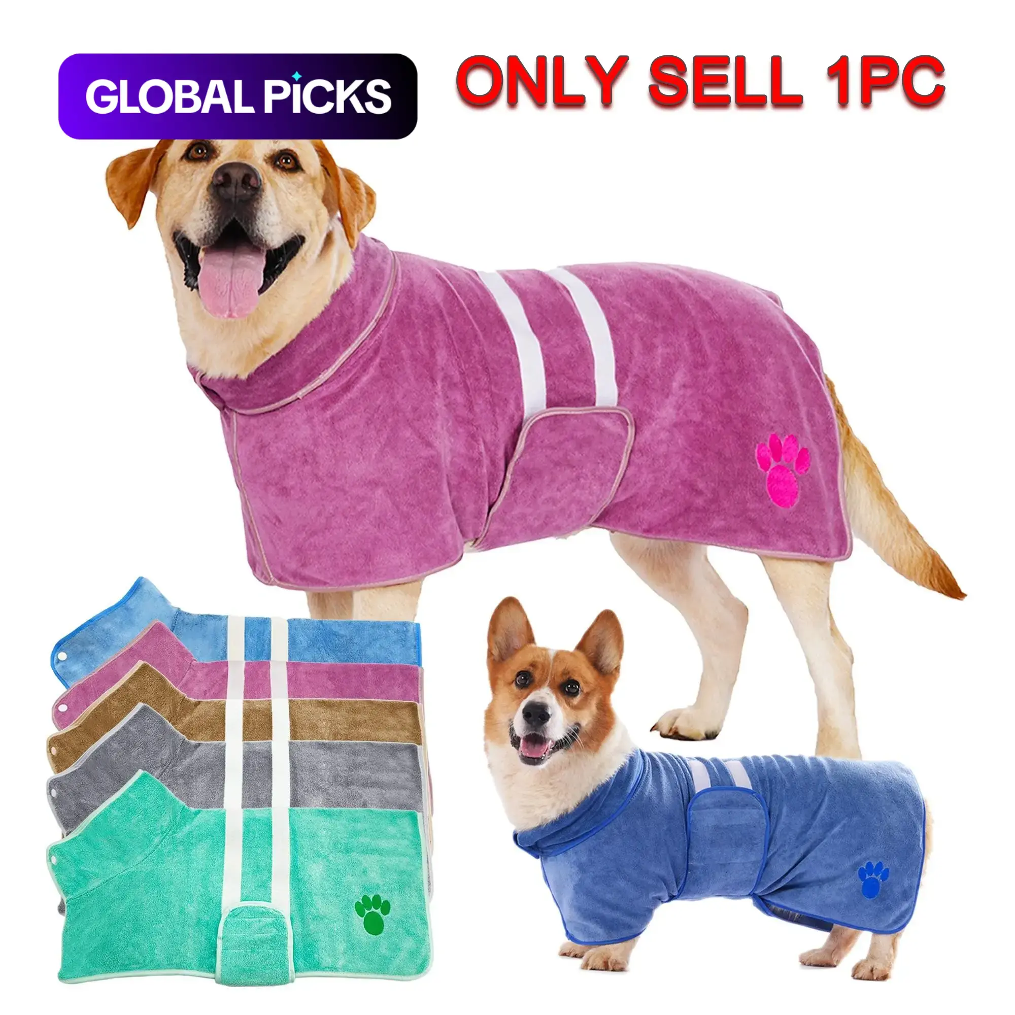 1 Pack Quick-Drying Dog Bathrobe, Terry Pet Robe Supplies with Adjustable Belly Band and Paw Embroidery, Super-Absorbent Soft Fabric #GLOBAL PICKS