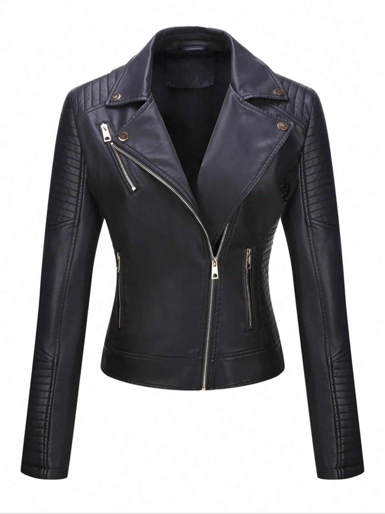 Women's Plus Size Plain PU Jacket with Zipper, Coats, Casual Fitted Outerwear for Spring & Fall