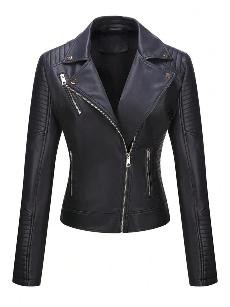 Women's Plus Size Plain PU Jacket with Zipper, Casual Fitted Outerwear for Spring & Fall