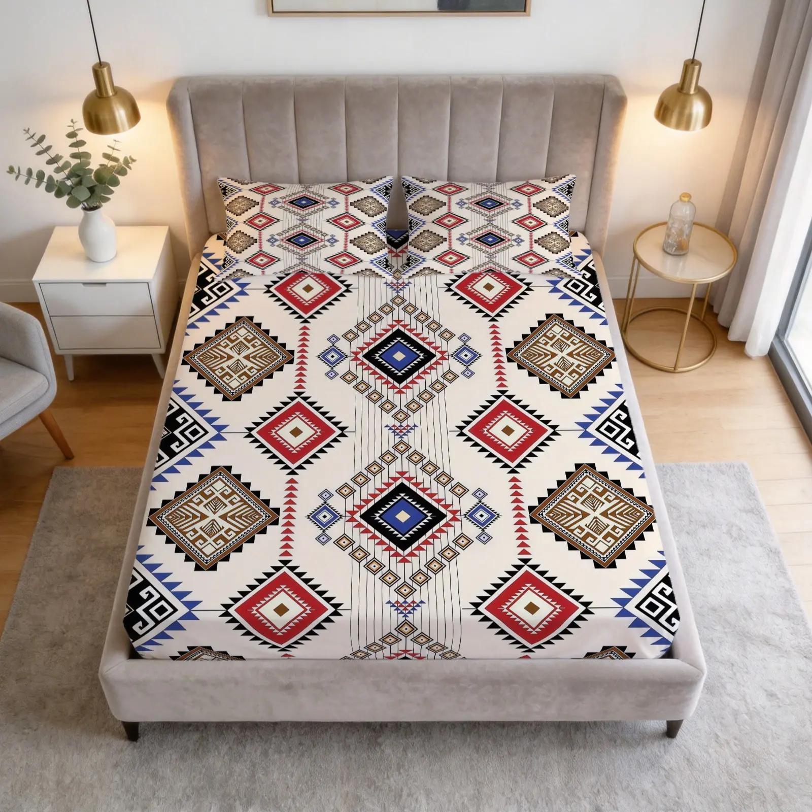 3-Piece Bohemian Style Patterned Bed Sheet Set, Boho Sheets, Including 1 Bed Sheet And 2 Pillowcases (Excluding Pillow Core), Comfortable Bedding, Non Slip Suitable For Bedrooms, Suitable For Children And Teenagers As Gifts And Decorations