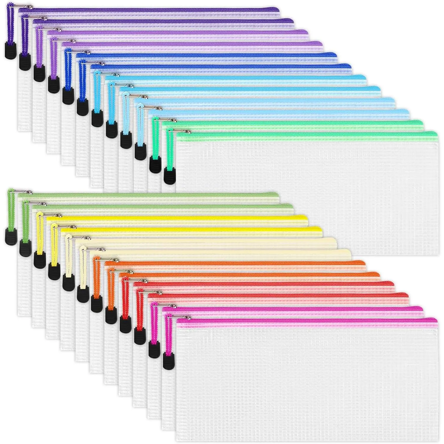 Smooth PVC Translucent Mesh Zippered Pouches (24-Count), 9.5x4.5 in Small Organizing Bags (12 Colors) for Travel, Office Document Storage