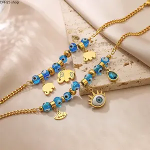 Gothic Evil Eye Bracelet Chain Set for Women, Stainless Steel Turkish Style Jewelry With Blue Charm for Beach Sports Outdoor Daily Wear Accessory