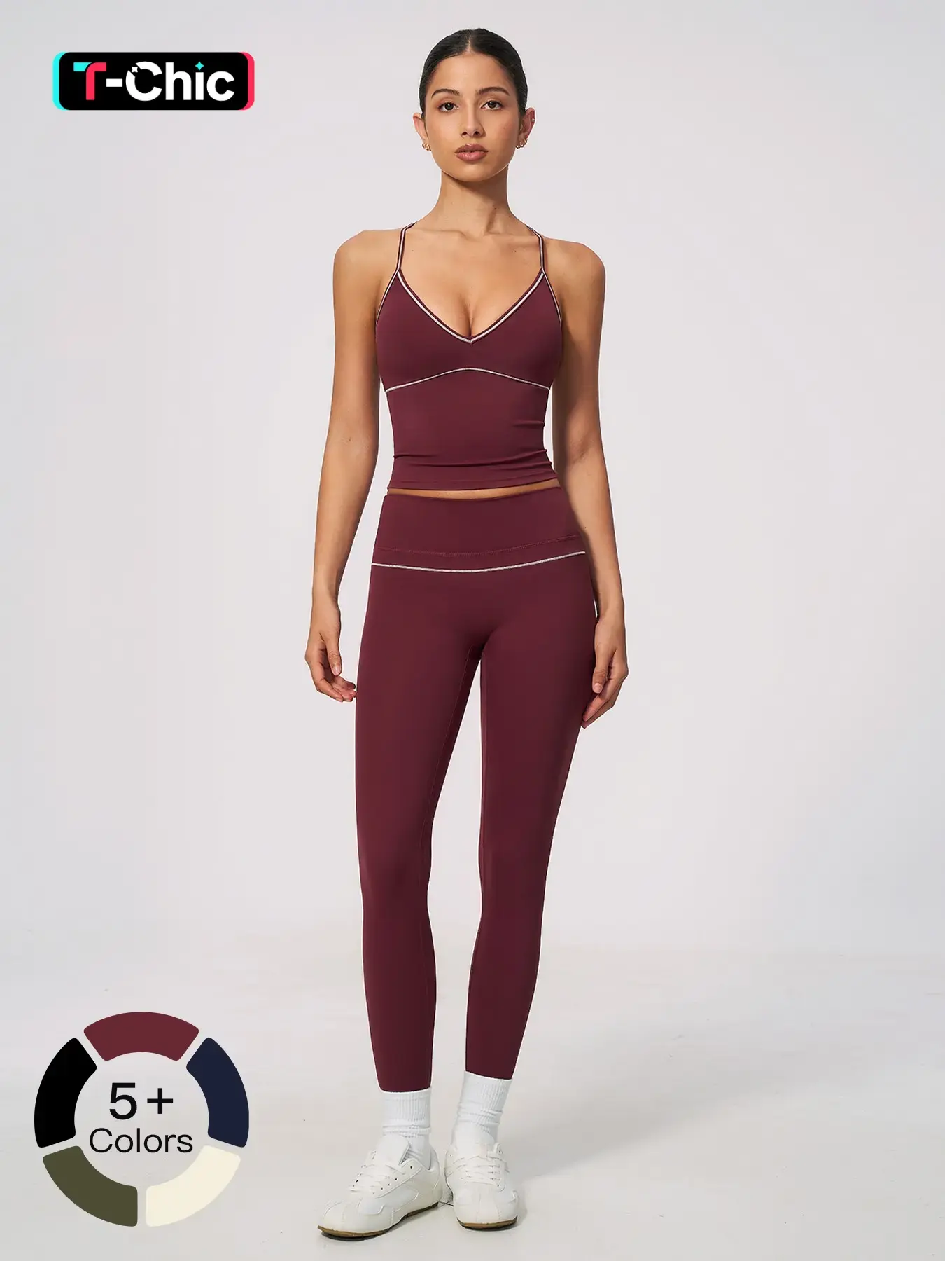 Summer New Women's Sportswear Set, V-Neck Colorblock Halter Tight Fit Breathable High Waist Fitness, Tummy Control Workout Clothes, Stretchy Sports Outfit