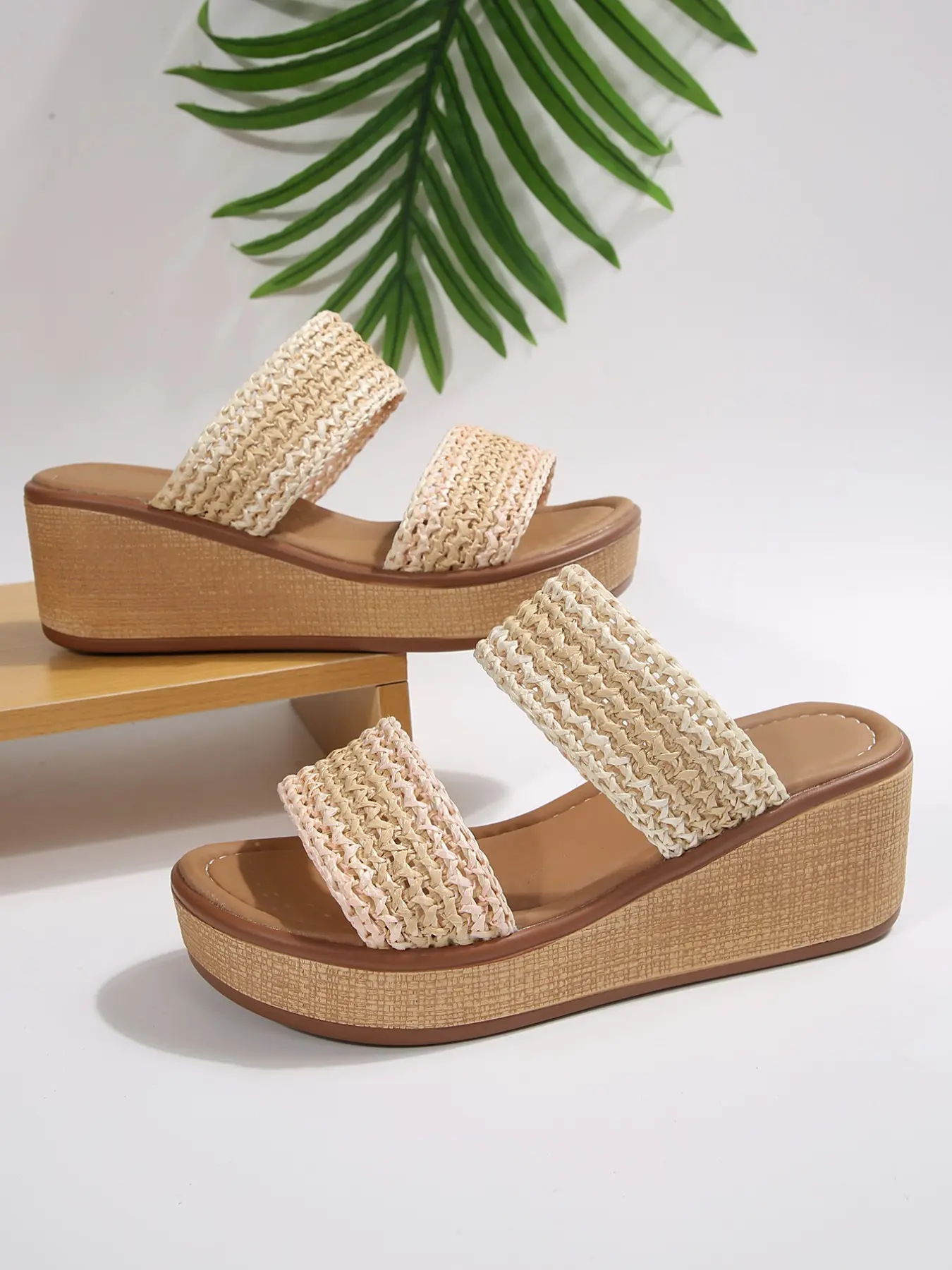 Summer New Hollow Out Weave Thick Sole Sandals Women, Elegant Dual Strap Wedge Heel Boosters, Beach Vacation Versatile Casual Shoes