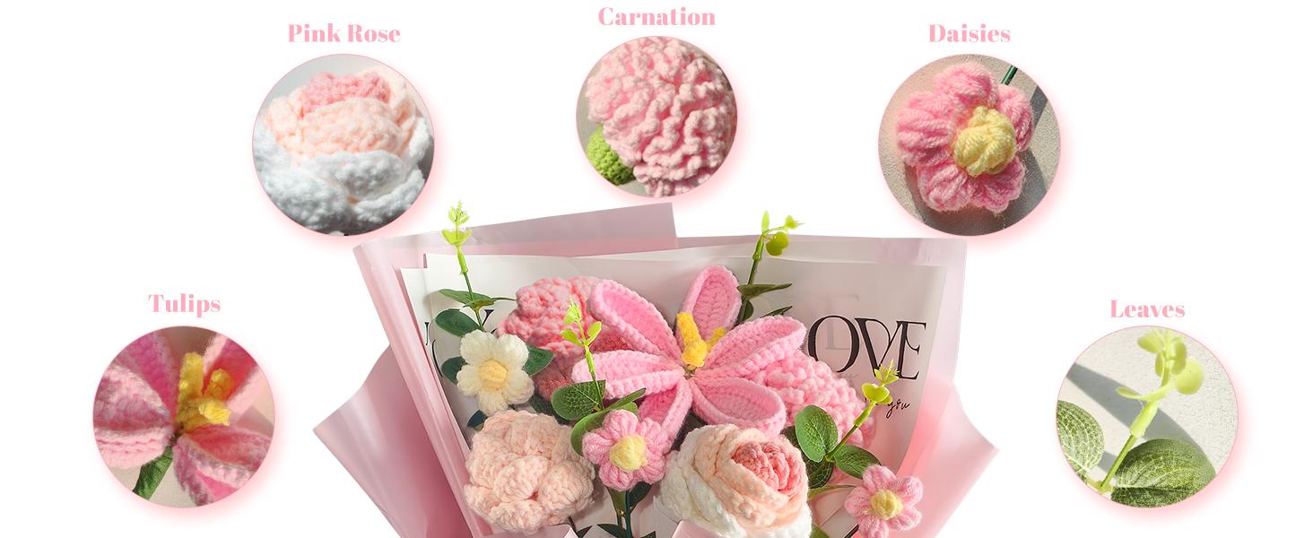 Crochet Bouquet 8PCS, Handmade Knitted Artificial Crochet Flower Gifts - Tulips Roses Daisies Carnations, Preserved for Mother's Day Valentine's Day Birthday Home Decor- Pink