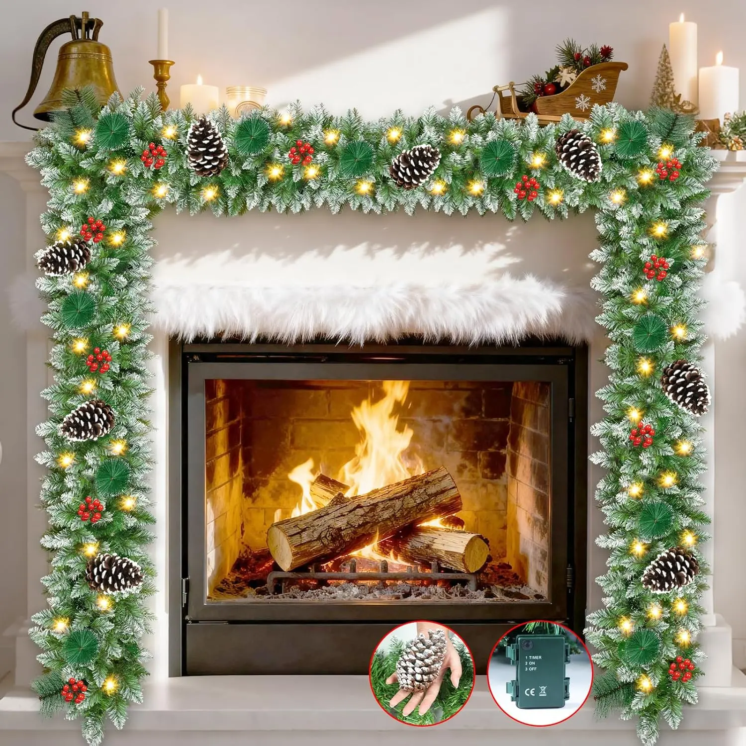Christmas Garland, 9Ft Christmas Garland with Lights & Timer, 50LED   Operated Lighted Garland Outdoor, Indoor Prelit Garland for Mantle, Stairs, Outside Christmas Decor Decorations